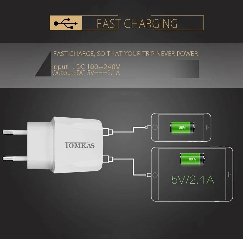 Tomkas USB Universal Tragbarer Reise-USB-Ladeadapter 5V2.1A EU-Stecker Handy-Ladegerät für iPhone Universal-Wandladegerät