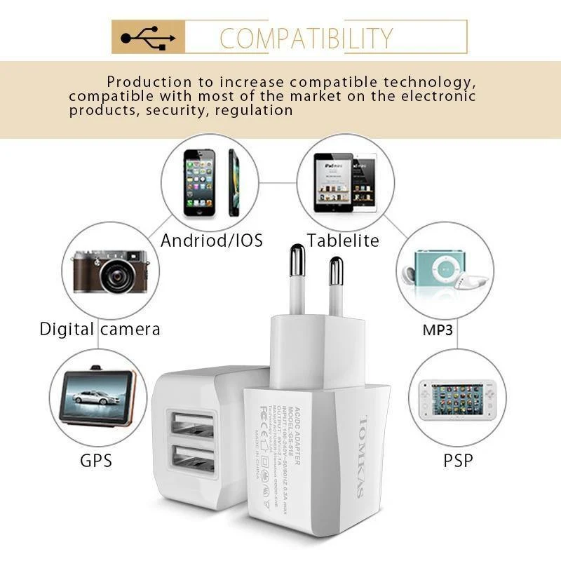 Tomkas USB Universal Tragbarer Reise-USB-Ladeadapter 5V2.1A EU-Stecker Handy-Ladegerät für iPhone Universal-Wandladegerät