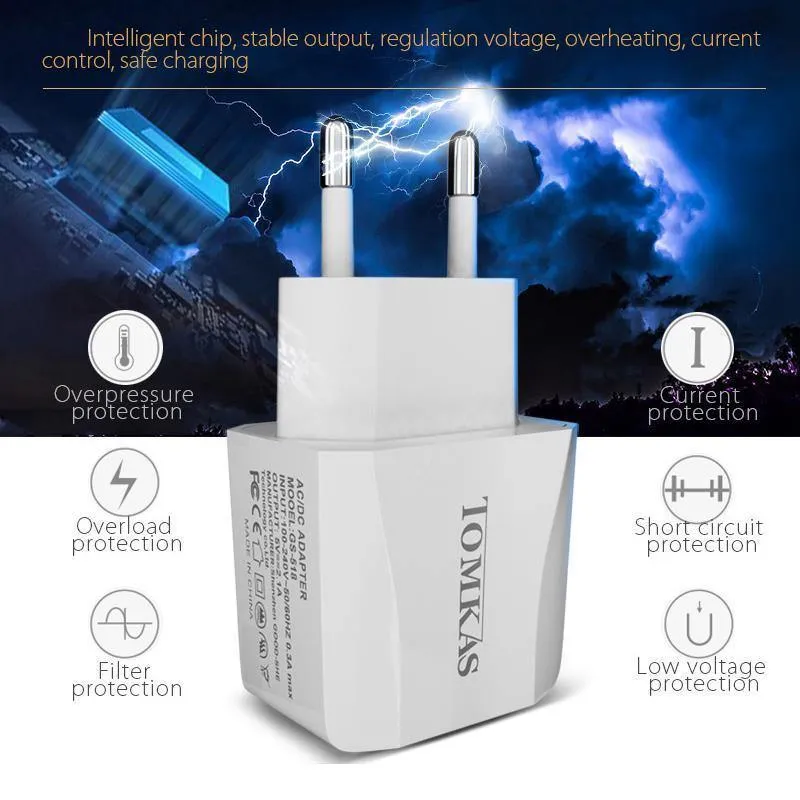 Tomkas USB Universal Tragbarer Reise-USB-Ladeadapter 5V2.1A EU-Stecker Handy-Ladegerät für iPhone Universal-Wandladegerät