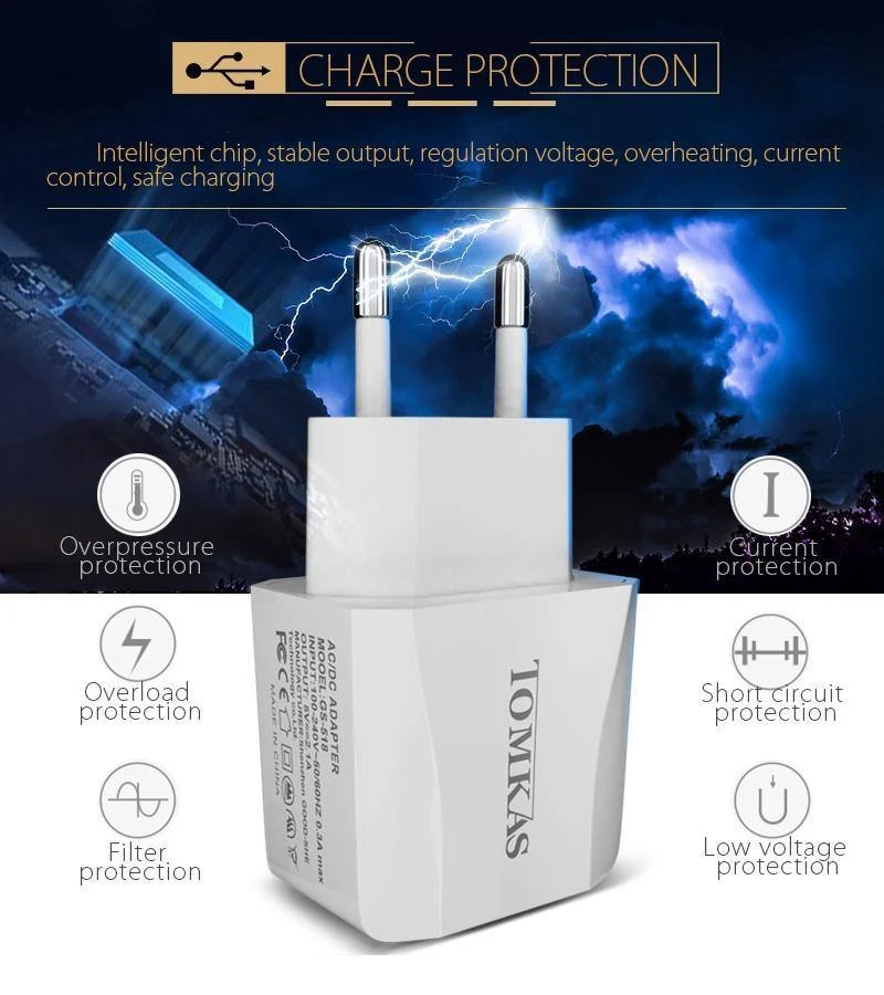 Tomkas USB Universal Tragbarer Reise-USB-Ladeadapter 5V2.1A EU-Stecker Handy-Ladegerät für iPhone Universal-Wandladegerät