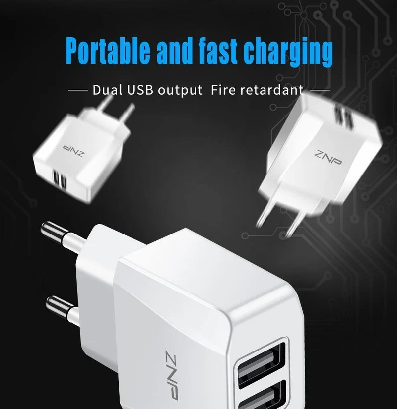 ZNP 2-Ports USB-Ladegerät für iPhone X 8 7 iPad Schnelles Wandladegerät EU-Adapter für Samsung S9 Xiaomi Mi 8 Handy-Ladegerät