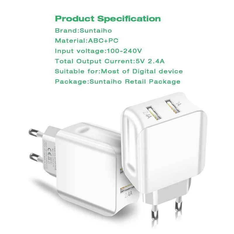 Suntaiho Dual-USB-Port-Ladegerät, Reise-Wandadapter, intelligentes Handy-Ladegerät für iPhone/Xiaomi/LG/Huawei, EU-Stecker