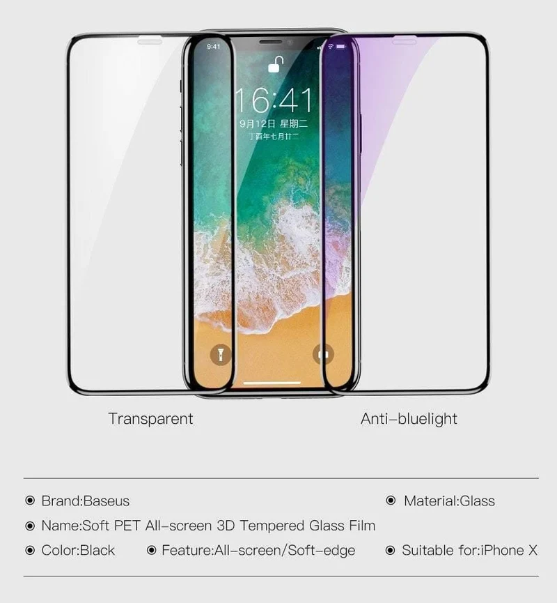 Baseus Displayschutzfolie für iPhone X aus gehärtetem Glas, ultradünn, Anti-Blaulicht, Vollbild-Frontabdeckung für iPhone X, Glasfolie