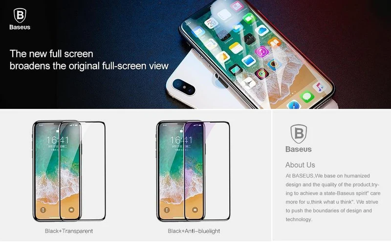 Baseus Displayschutzfolie für iPhone X aus gehärtetem Glas, ultradünn, Anti-Blaulicht, Vollbild-Frontabdeckung für iPhone X, Glasfolie