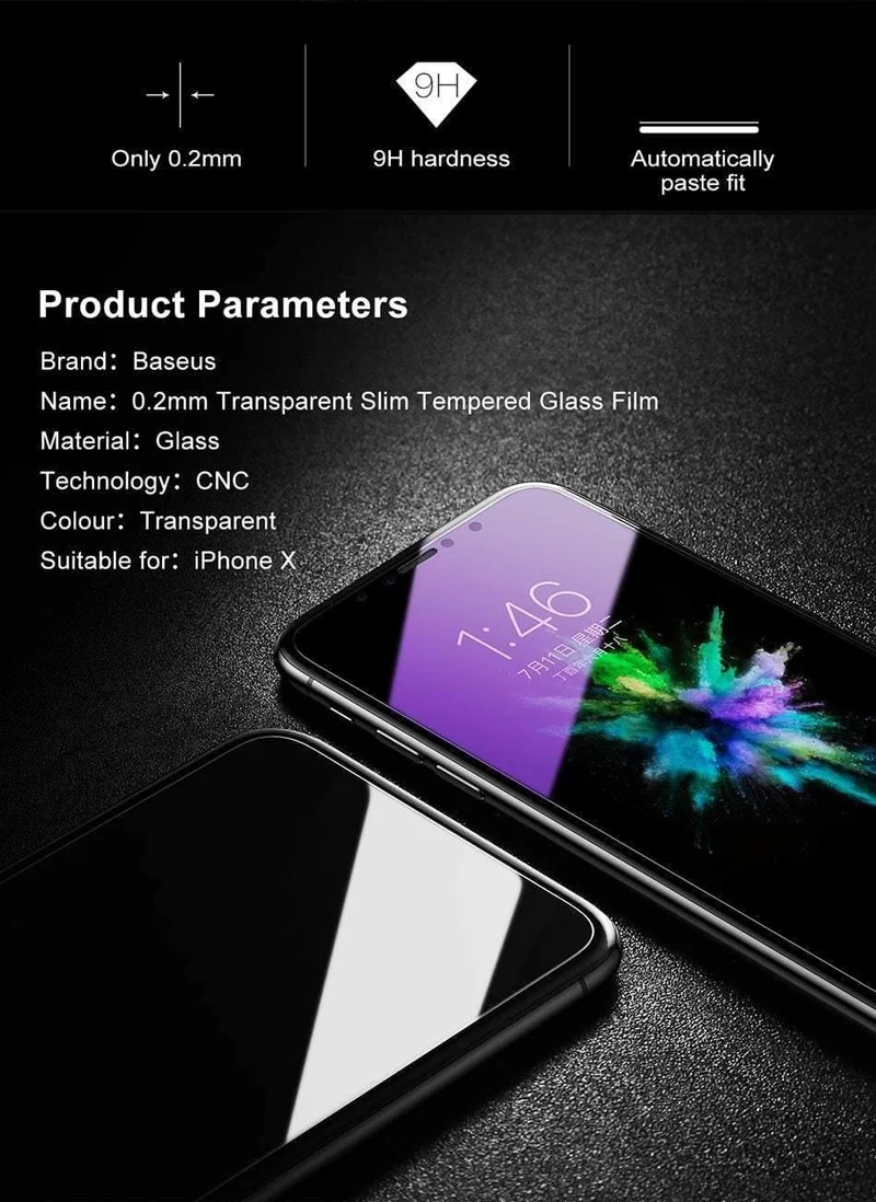 Baseus Ultradünner Displayschutz für iPhone X 10 Glas gehärtetes transparentes kratzfestes Schutzglas für iPhone X