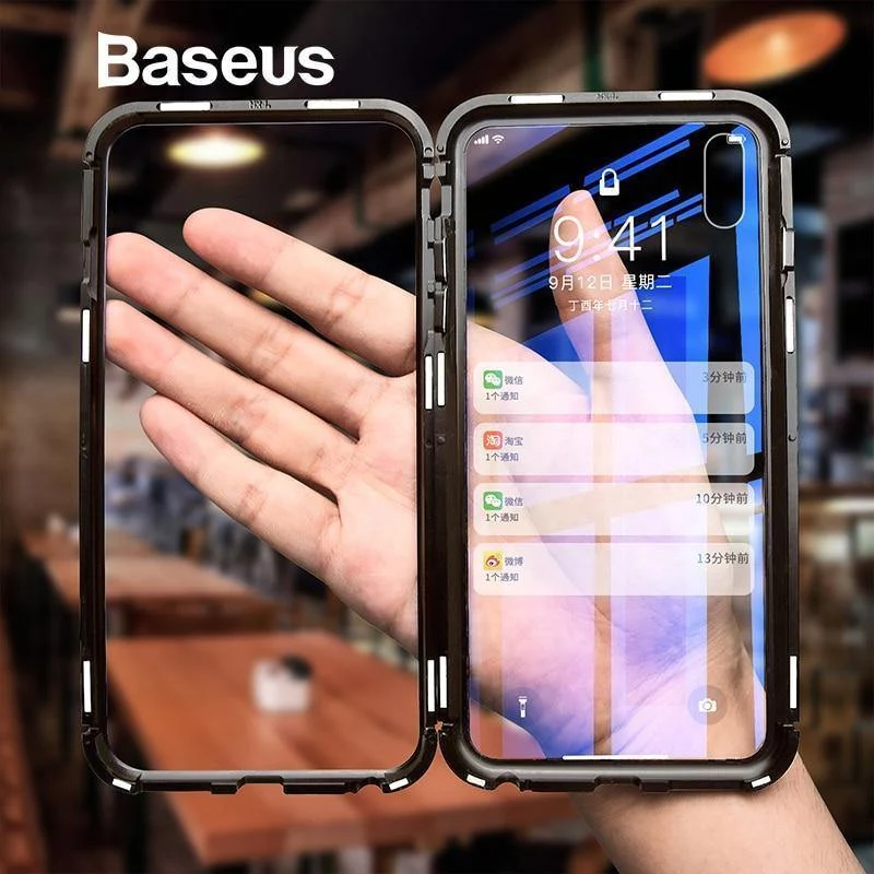 Baseus Magneto Magnetische Adsorptionshülle für iPhone X Metallstoßstange + 9H Hartglashülle für iPhone X Handyhüllen