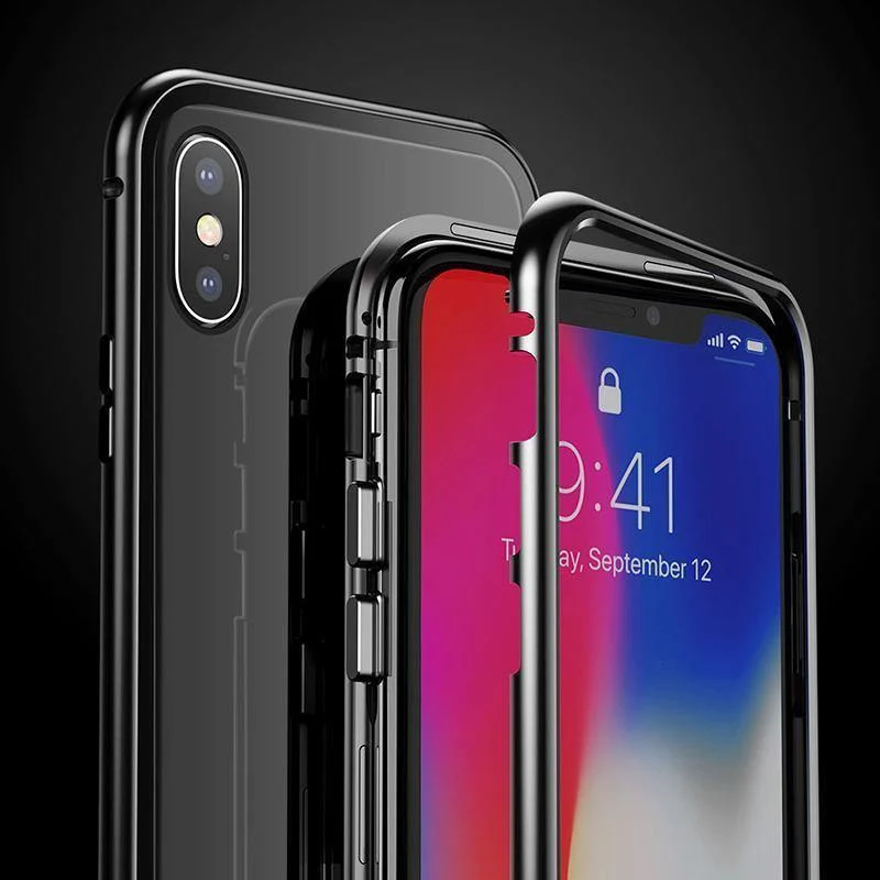 Baseus Magneto Magnetische Adsorptionshülle für iPhone X Metallstoßstange + 9H Hartglashülle für iPhone X Handyhüllen