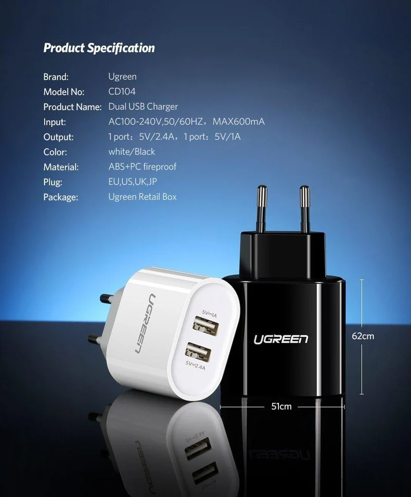 Ugreen USB Ladegerät 3.4A 17W für iPhone 8 X 7 6 iPad Smart USB Ladegerät für Samsung Galaxy S9 LG G5 Dual Handy Ladegerät