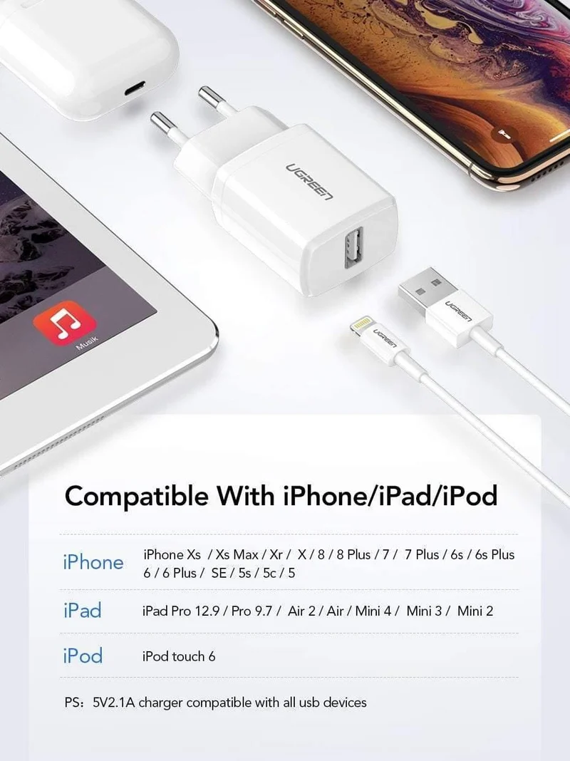 Ugreen 5V2.1A USB-Ladegerät MFi USB-Kabel für iPhone Xs Max XR Handy-Ladegerät für iPhone X 8 7 Wandtelefon-Ladegerät für iPad