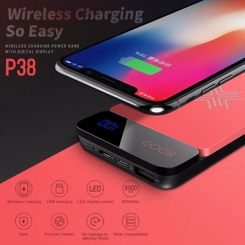 ROCK QI Wireless Charger Power Bank 8000mAh mit Digitalanzeige 5V 2A 5W Externer Akku Powerbank für iPhone X Samsung Xiaomi