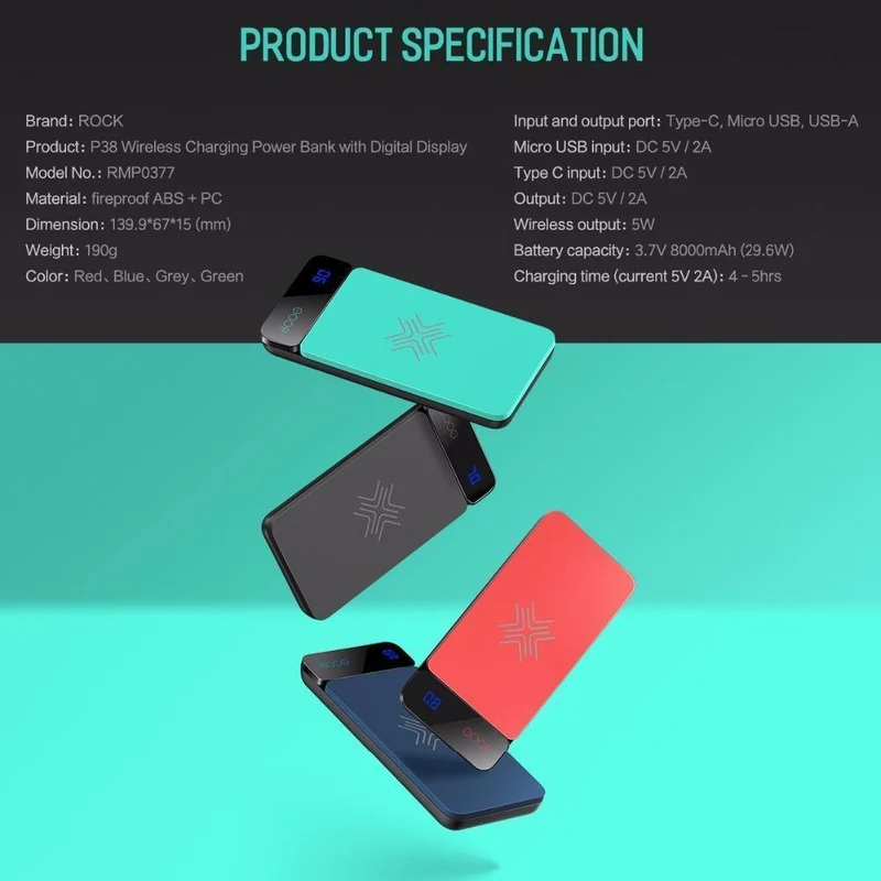 ROCK QI Wireless Charger Power Bank 8000mAh mit Digitalanzeige 5V 2A 5W Externer Akku Powerbank für iPhone X Samsung Xiaomi