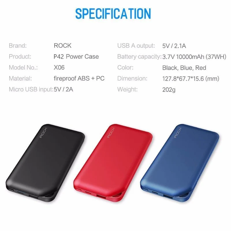 ROCK Power Bank 10000 mAh für Xiaomi Tragbares externes Batterieladegerät Ultra Slim Powerbank für iPhone X Samsung Note 8 S8