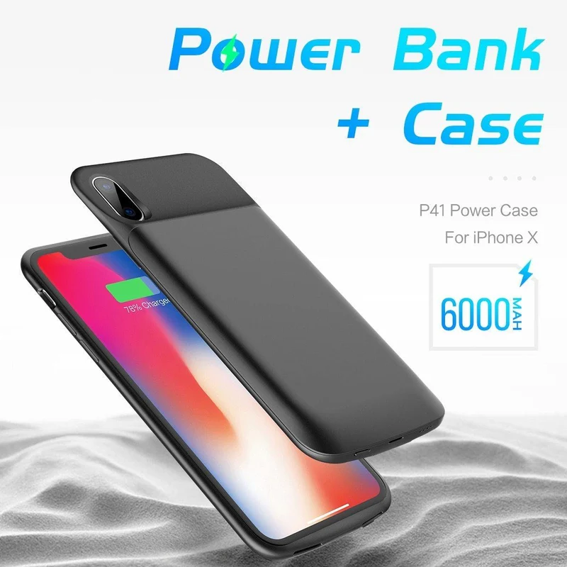 ROCK Akku-Ladegerät-Hülle für iPhone X 10, tragbar, 6000 mAh, Powerbank, Ladehülle, externes Backup
