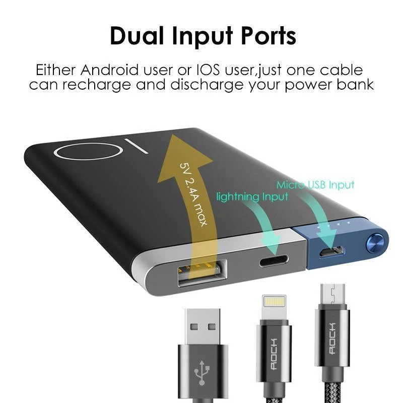 ROCK 10000 mAh Power Bank Tragbares Telefonladegerät Powerbank für iPhone 7 6 für Xiaomi 6 Externer Akku mit zwei Eingangsanschlüssen