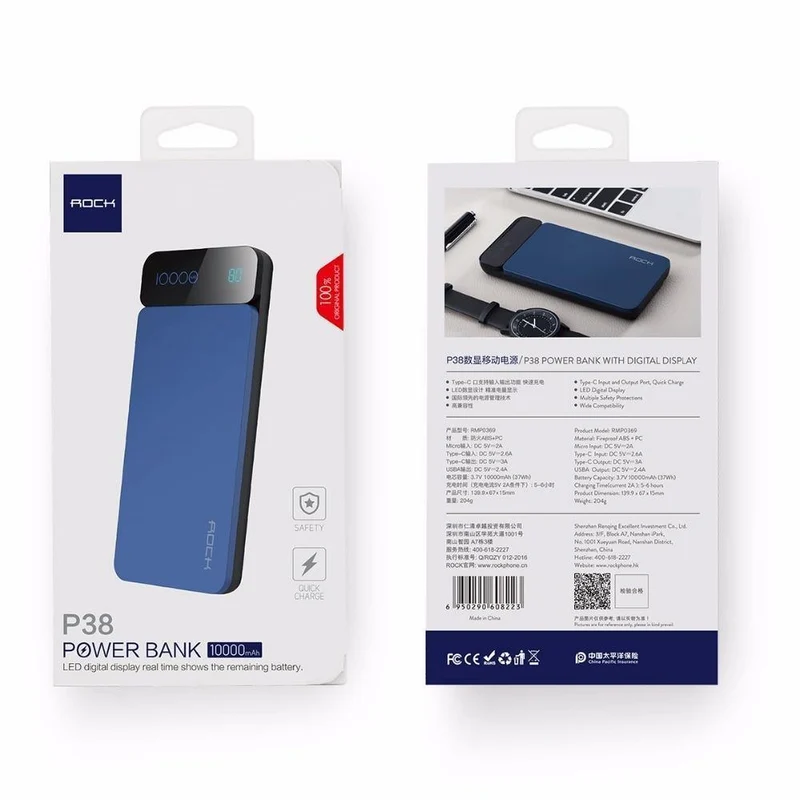 ROCK Power Bank 10000 mAh mit Digitalanzeige Tragbarer externer Akku Typ C 5V 3A Powerbank für iPhone X Samsung Xiaomi