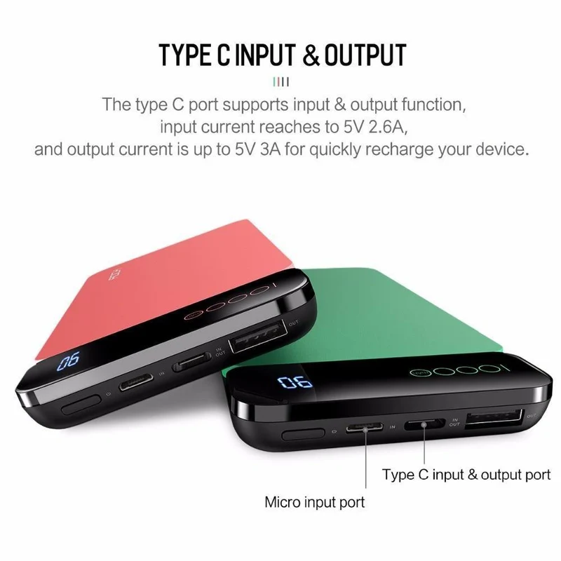 ROCK Power Bank 10000 mAh mit Digitalanzeige Tragbarer externer Akku Typ C 5V 3A Powerbank für iPhone X Samsung Xiaomi