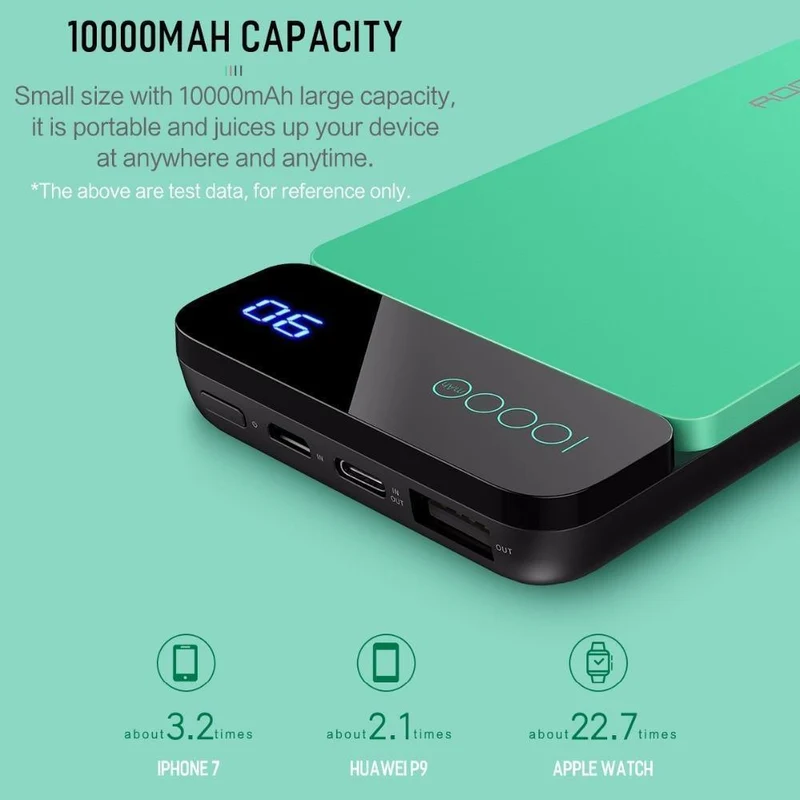 ROCK Power Bank 10000 mAh mit Digitalanzeige Tragbarer externer Akku Typ C 5V 3A Powerbank für iPhone X Samsung Xiaomi
