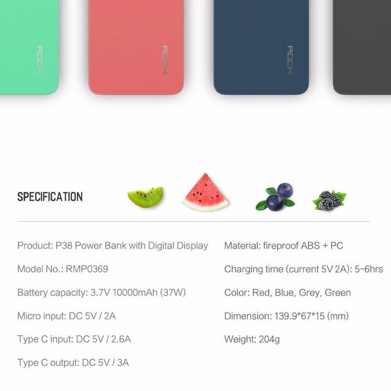 ROCK 10000mAh Power Bank für Xiaomi Portable Externes Ladegerät Typ C Schnellladegerät Powerbank mit Digitalanzeige