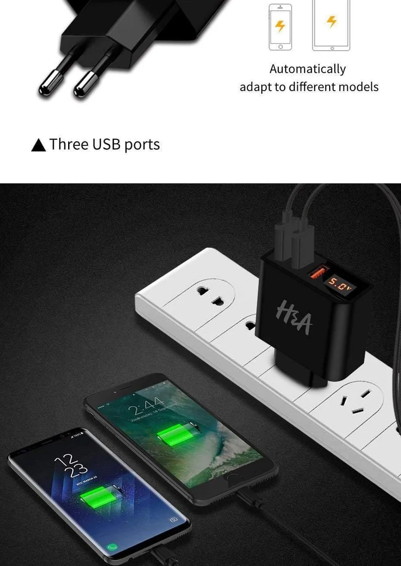 H&A Universal USB Ladegerät LED Display Handy Ladegerät Stecker Für iPhone Für Samsung 15W 3 - 4 Port Reise EU Smart Ladegeräte