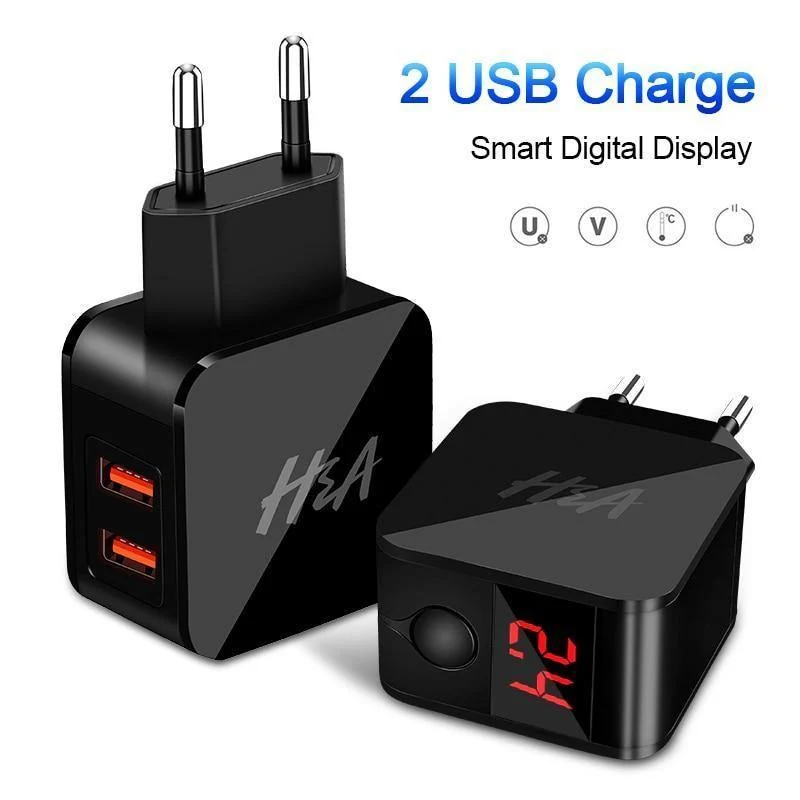 H&A Universal-USB-Ladegerät mit EU-Stecker, 2 Anschlüsse, LED-Anzeige, Telefon-Ladegerät für iPhone, Reise-Wandladegerät, tragbares Smart-Ladegerät für Samsung S9