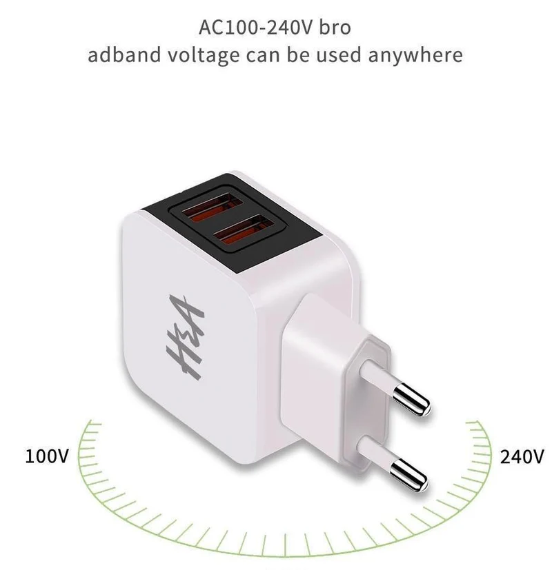 H&A Universal-USB-Ladegerät mit EU-Stecker, 2 Anschlüsse, LED-Anzeige, Telefon-Ladegerät für iPhone, Reise-Wandladegerät, tragbares Smart-Ladegerät für Samsung S9