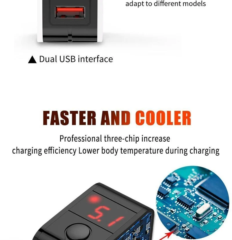 H&A Universal-USB-Ladegerät mit EU-Stecker, 2 Anschlüsse, LED-Anzeige, Telefon-Ladegerät für iPhone, Reise-Wandladegerät, tragbares Smart-Ladegerät für Samsung S9