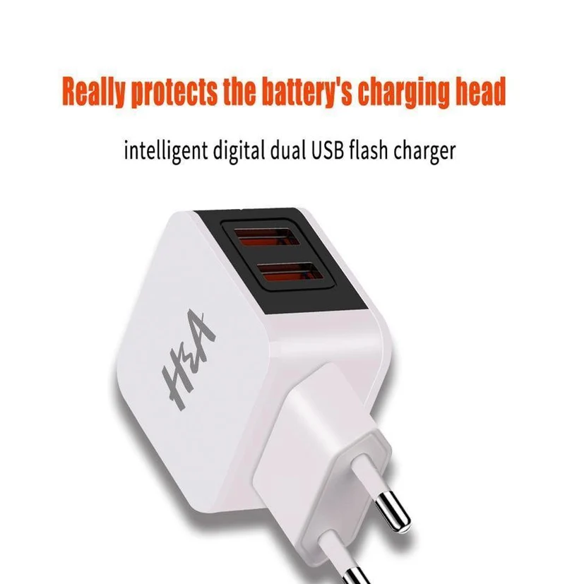 H&A Universal-USB-Ladegerät mit EU-Stecker, 2 Anschlüsse, LED-Anzeige, Telefon-Ladegerät für iPhone, Reise-Wandladegerät, tragbares Smart-Ladegerät für Samsung S9
