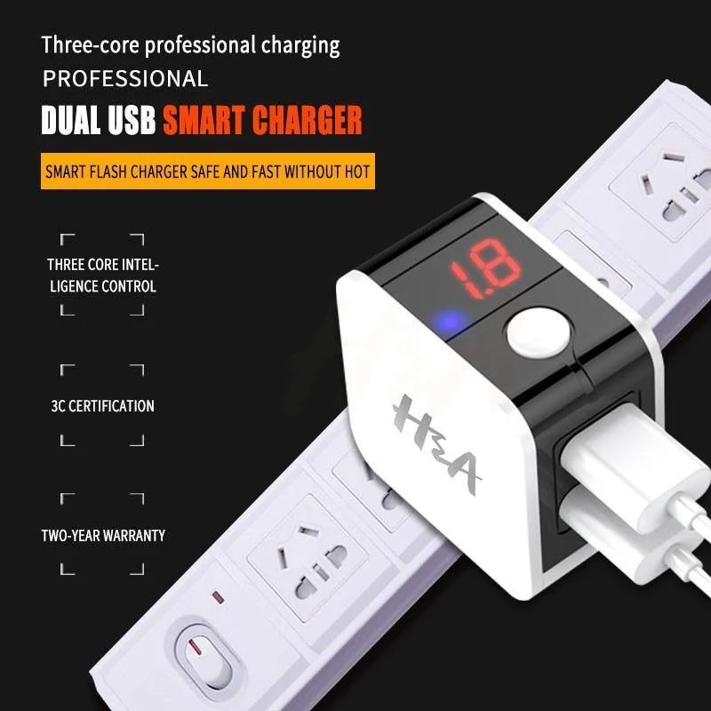 H&A Universal-USB-Ladegerät mit EU-Stecker, 2 Anschlüsse, LED-Anzeige, Telefon-Ladegerät für iPhone, Reise-Wandladegerät, tragbares Smart-Ladegerät für Samsung S9