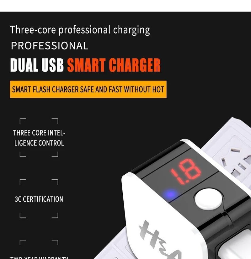 H&A Universal-USB-Ladegerät mit EU-Stecker, 2 Anschlüsse, LED-Anzeige, Telefon-Ladegerät für iPhone, Reise-Wandladegerät, tragbares Smart-Ladegerät für Samsung S9