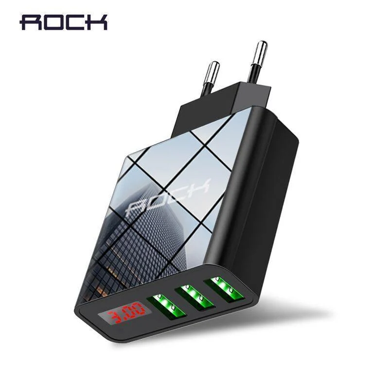 ROCK 3A LED-Anzeige EU 3 USB-Ladegerät Universal-Handy-USB-Ladegerät Schnelllade-Wandladegerät für iPhone Samsung Xiaomi