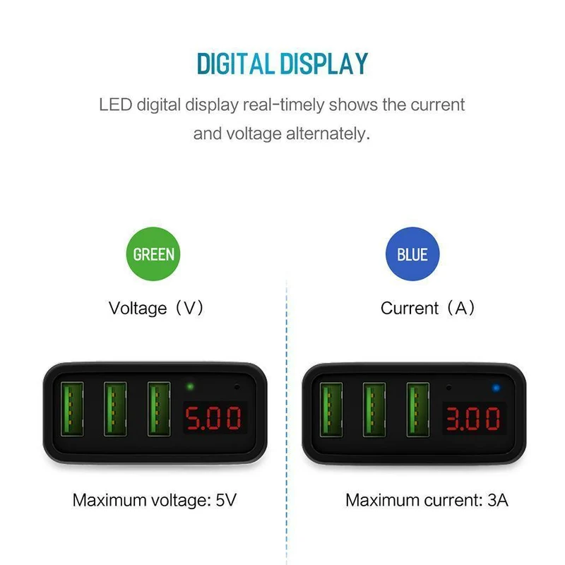 ROCK 3A LED-Anzeige EU 3 USB-Ladegerät Universal-Handy-USB-Ladegerät Schnelllade-Wandladegerät für iPhone Samsung Xiaomi