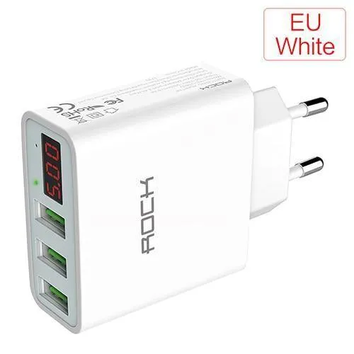 ROCK 3A LED-Anzeige EU 3 USB-Ladegerät Universal-Handy-USB-Ladegerät Schnelllade-Wandladegerät für iPhone Samsung Xiaomi