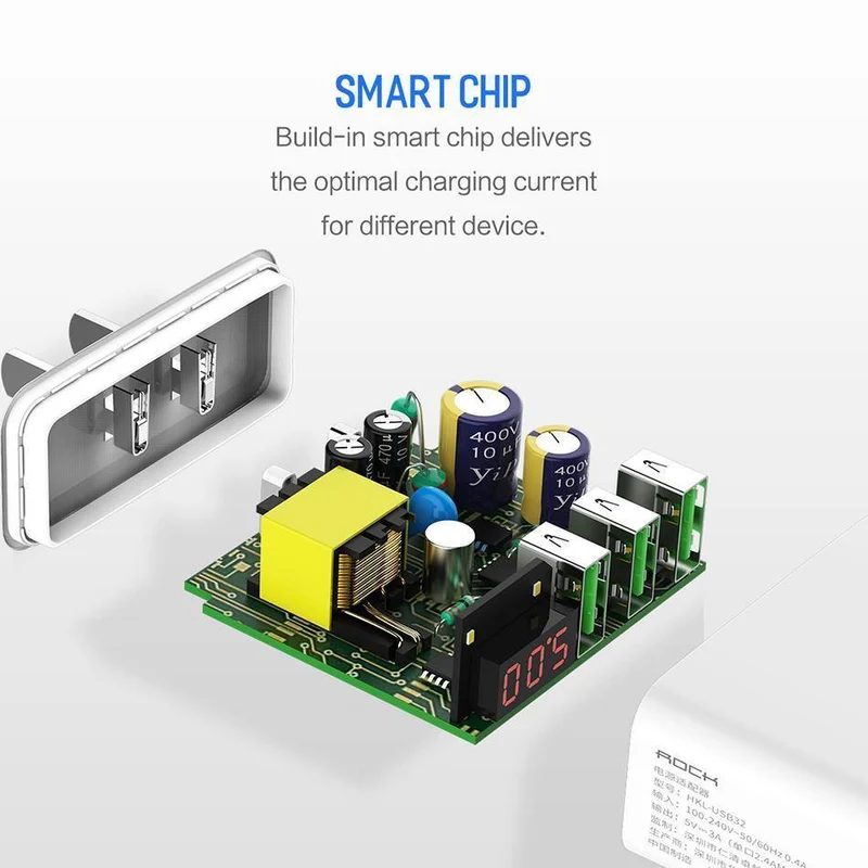 ROCK 3A LED-Anzeige EU 3 USB-Ladegerät Universal-Handy-USB-Ladegerät Schnelllade-Wandladegerät für iPhone Samsung Xiaomi