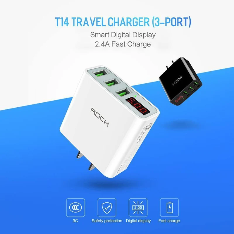 ROCK 3A LED-Anzeige EU 3 USB-Ladegerät Universal-Handy-USB-Ladegerät Schnelllade-Wandladegerät für iPhone Samsung Xiaomi