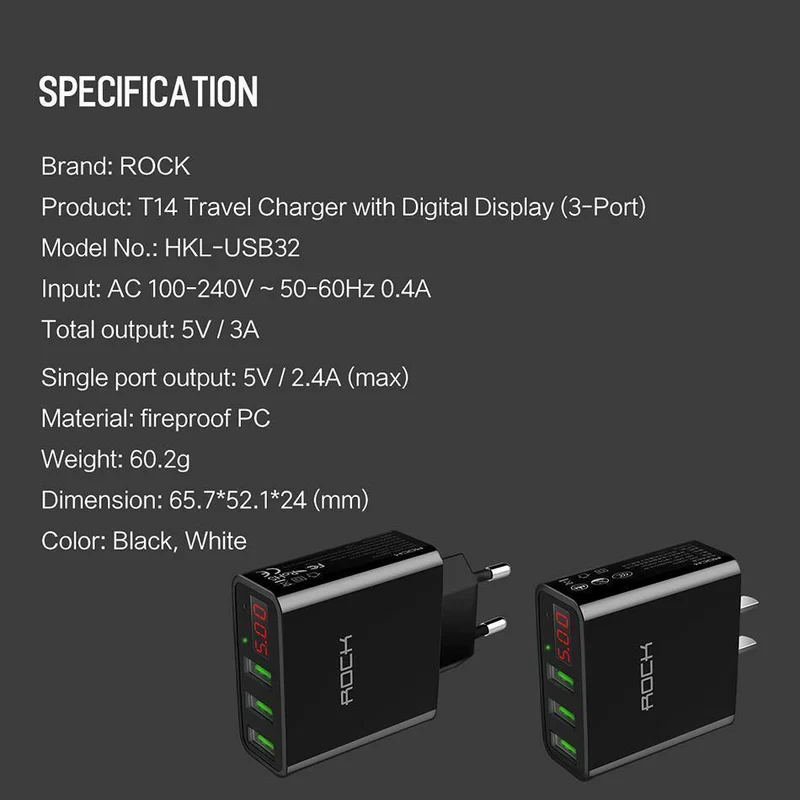 ROCK 3A LED-Anzeige EU 3 USB-Ladegerät Universal-Handy-USB-Ladegerät Schnelllade-Wandladegerät für iPhone Samsung Xiaomi