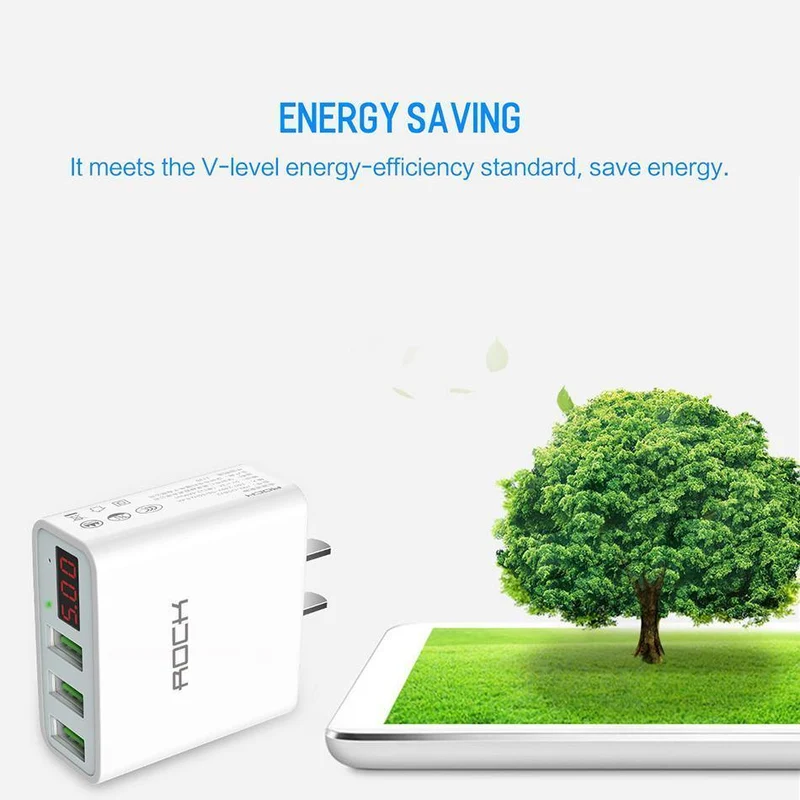 ROCK 3A LED-Anzeige EU 3 USB-Ladegerät Universal-Handy-USB-Ladegerät Schnelllade-Wandladegerät für iPhone Samsung Xiaomi