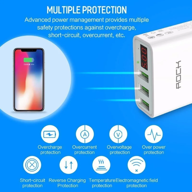 ROCK 3A LED-Anzeige EU 3 USB-Ladegerät Universal-Handy-USB-Ladegerät Schnelllade-Wandladegerät für iPhone Samsung Xiaomi