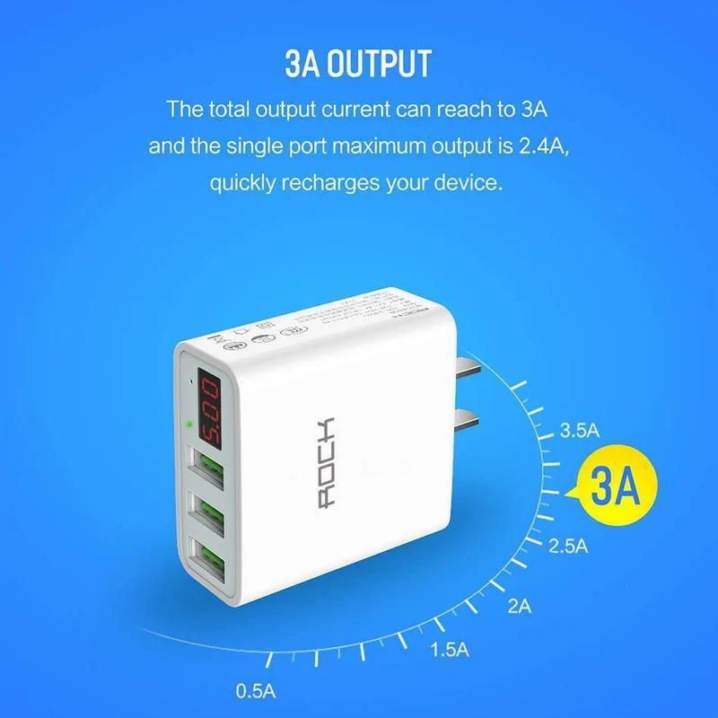 ROCK 3A LED-Anzeige EU 3 USB-Ladegerät Universal-Handy-USB-Ladegerät Schnelllade-Wandladegerät für iPhone Samsung Xiaomi