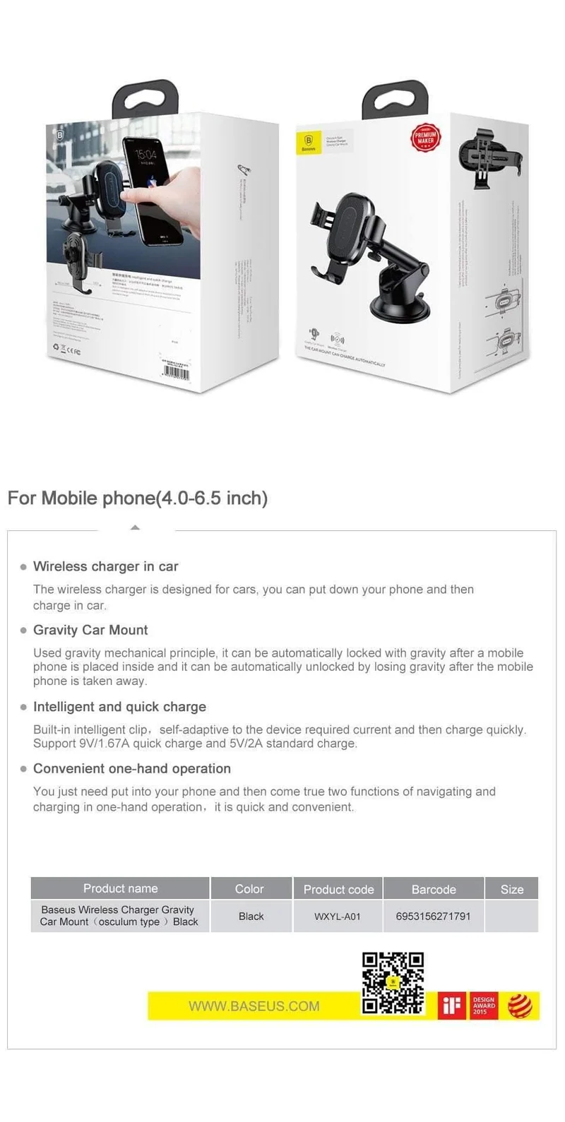 Baseus Kabelloses Autoladegerät für iPhone Xs Max Xr X 8 Samsung Note 9 Qi Kabelloses Ladegerät Schnelles kabelloses Laden Autotelefonhalter