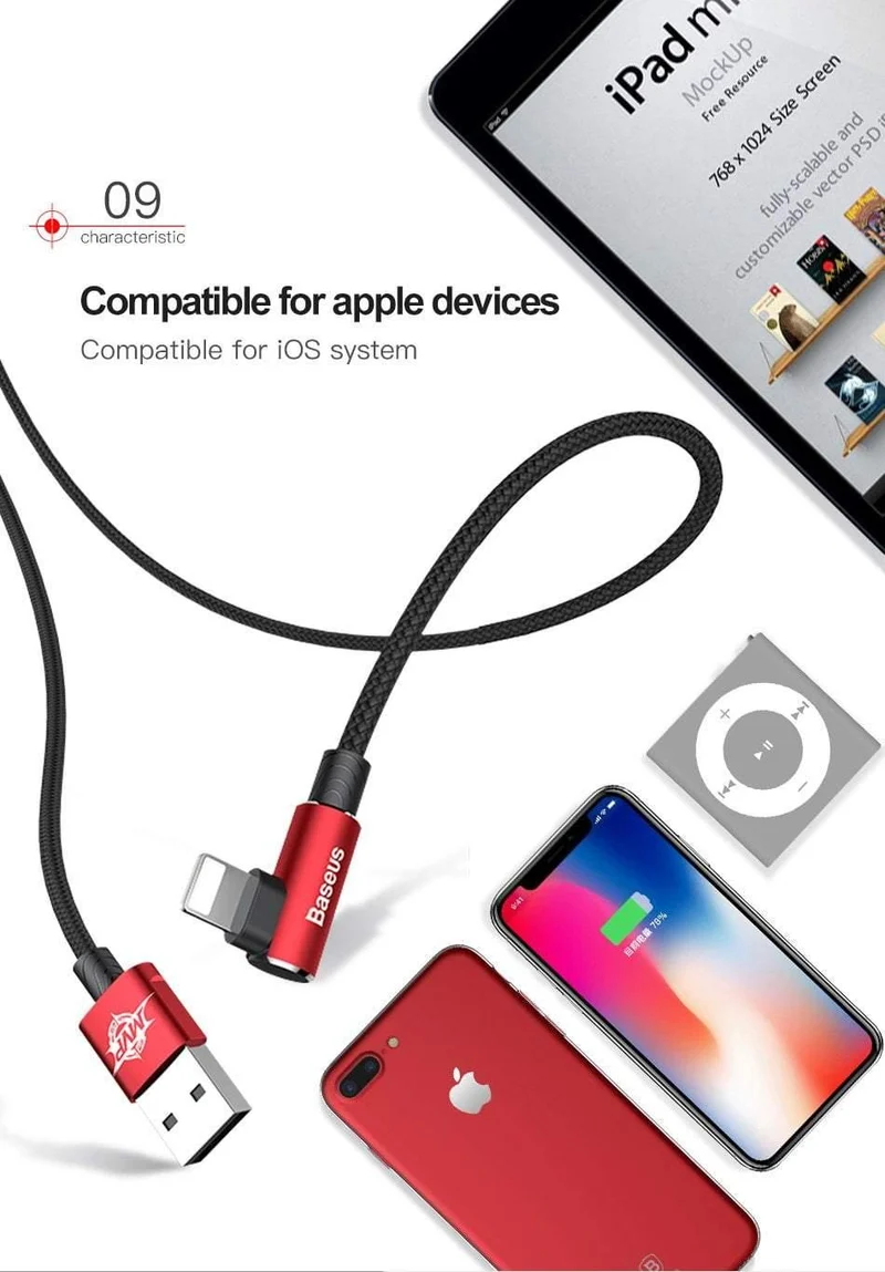 Baseus 90 Grad USB Kabel für iPhone XS Max XR X 8 7 6 6s 5 5S iPad Schnellladegerät Datenkabel Adapter Handykabel