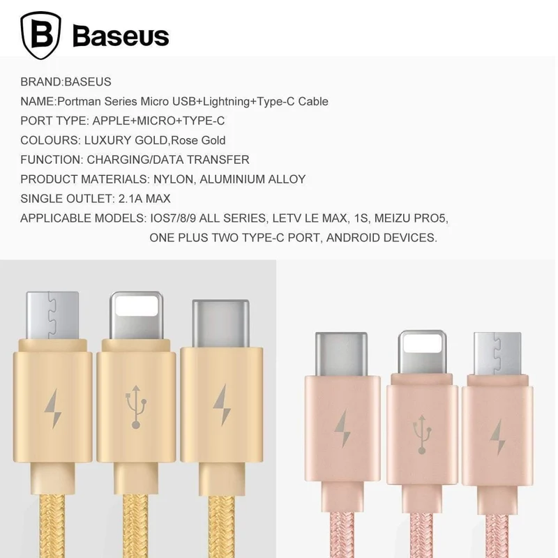 Baseus 3 in 1 Ladekabel für iPhone Micro USB Typ C Multi-Ladekabel für iPhone X 8 7 6s 6 SE 5s für Android-Telefonkabel