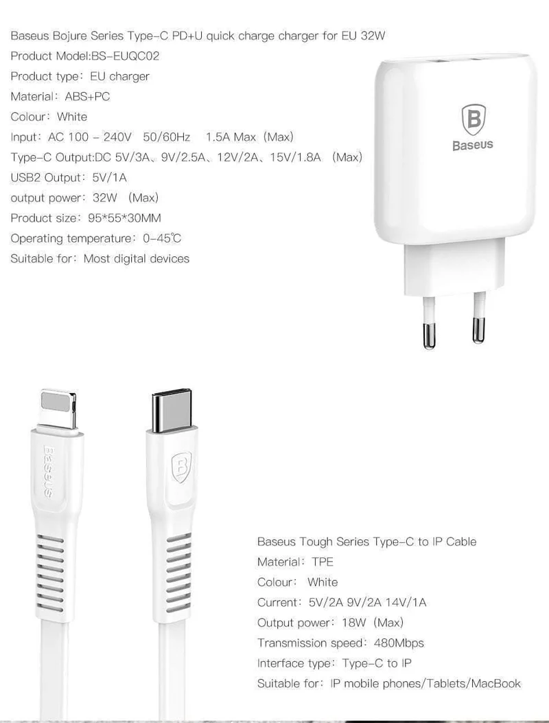 Baseus 32W USB C PD Ladegerät für iPhone Xs X Schnellladung Typ C PD 3.0 Handy-Ladegerät Schnellladung Typ-C PD USB Ladegerät