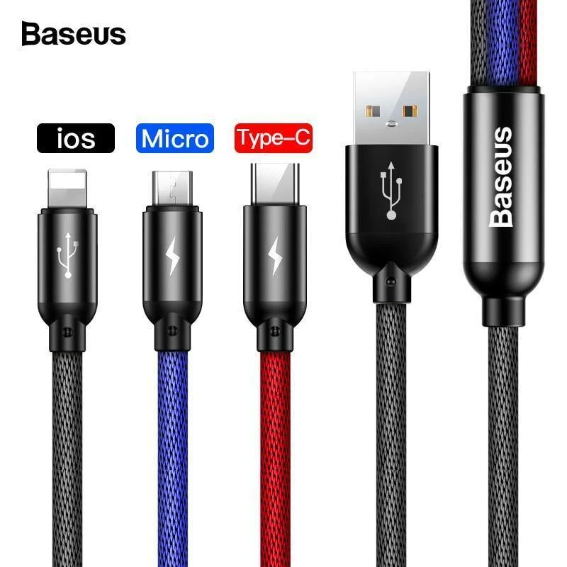 Baseus 3 in 1 3.5 A USB-Kabel für iPhone Xs Max Xr X 8 7 Schnellladegerät USB Typ C Typ-C Micro-USB-Kabel für Mobiltelefone