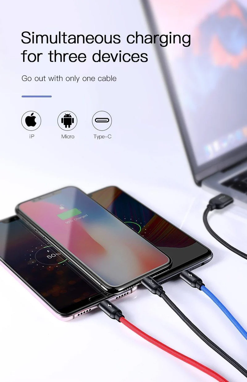 Baseus 3 in 1 3.5 A USB-Kabel für iPhone Xs Max Xr X 8 7 Schnellladegerät USB Typ C Typ-C Micro-USB-Kabel für Mobiltelefone