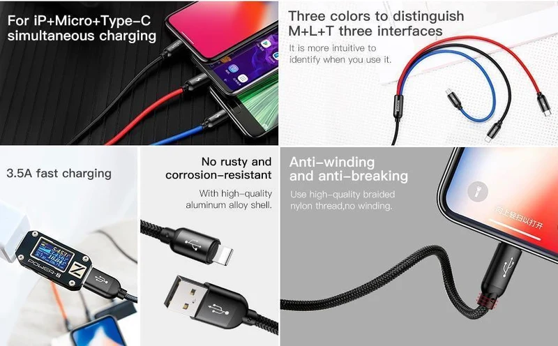 Baseus 3 in 1 3.5 A USB-Kabel für iPhone Xs Max Xr X 8 7 Schnellladegerät USB Typ C Typ-C Micro-USB-Kabel für Mobiltelefone