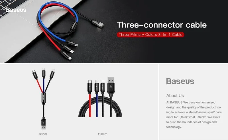 Baseus 3 in 1 3.5 A USB-Kabel für iPhone Xs Max Xr X 8 7 Schnellladegerät USB Typ C Typ-C Micro-USB-Kabel für Mobiltelefone