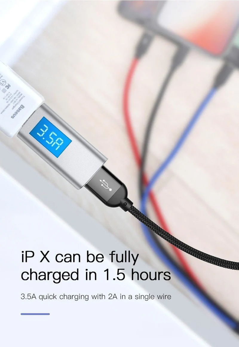 Baseus 3 in 1 3.5 A USB-Kabel für iPhone Xs Max Xr X 8 7 Schnellladegerät USB Typ C Typ-C Micro-USB-Kabel für Mobiltelefone