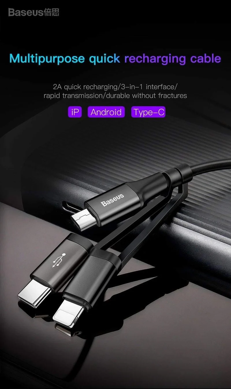 Baseus 3 in 1 USB-Kabel für iPhone Micro USB Typ C Ladekabel für iPhone Xs Max X 8 7 Samsung Oneplus Android-Telefonkabel