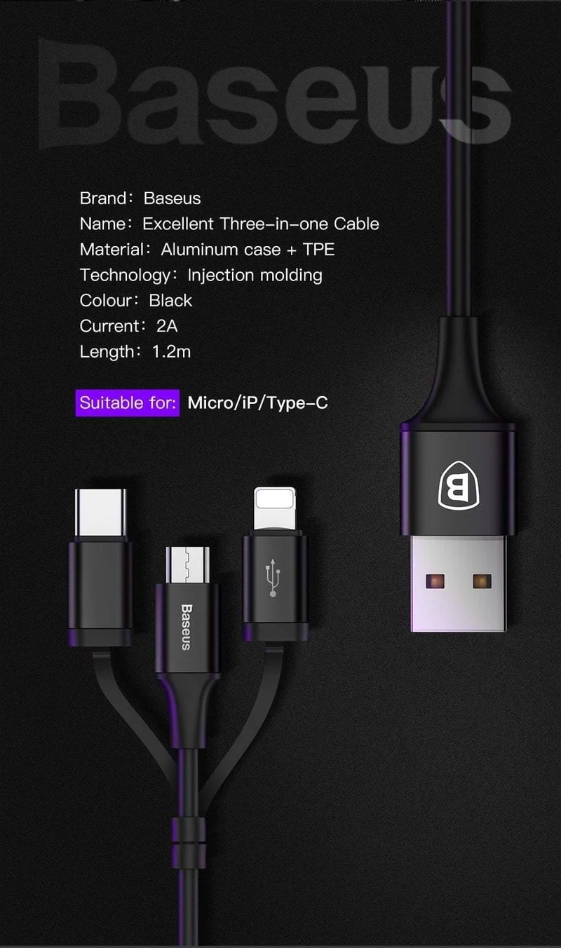 Baseus 3 in 1 USB-Kabel für iPhone Micro USB Typ C Ladekabel für iPhone Xs Max X 8 7 Samsung Oneplus Android-Telefonkabel