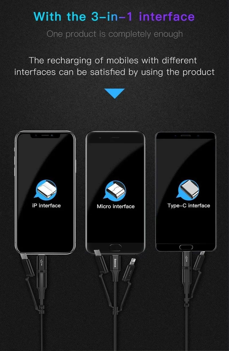 Baseus 3 in 1 USB-Kabel für iPhone Micro USB Typ C Ladekabel für iPhone Xs Max X 8 7 Samsung Oneplus Android-Telefonkabel